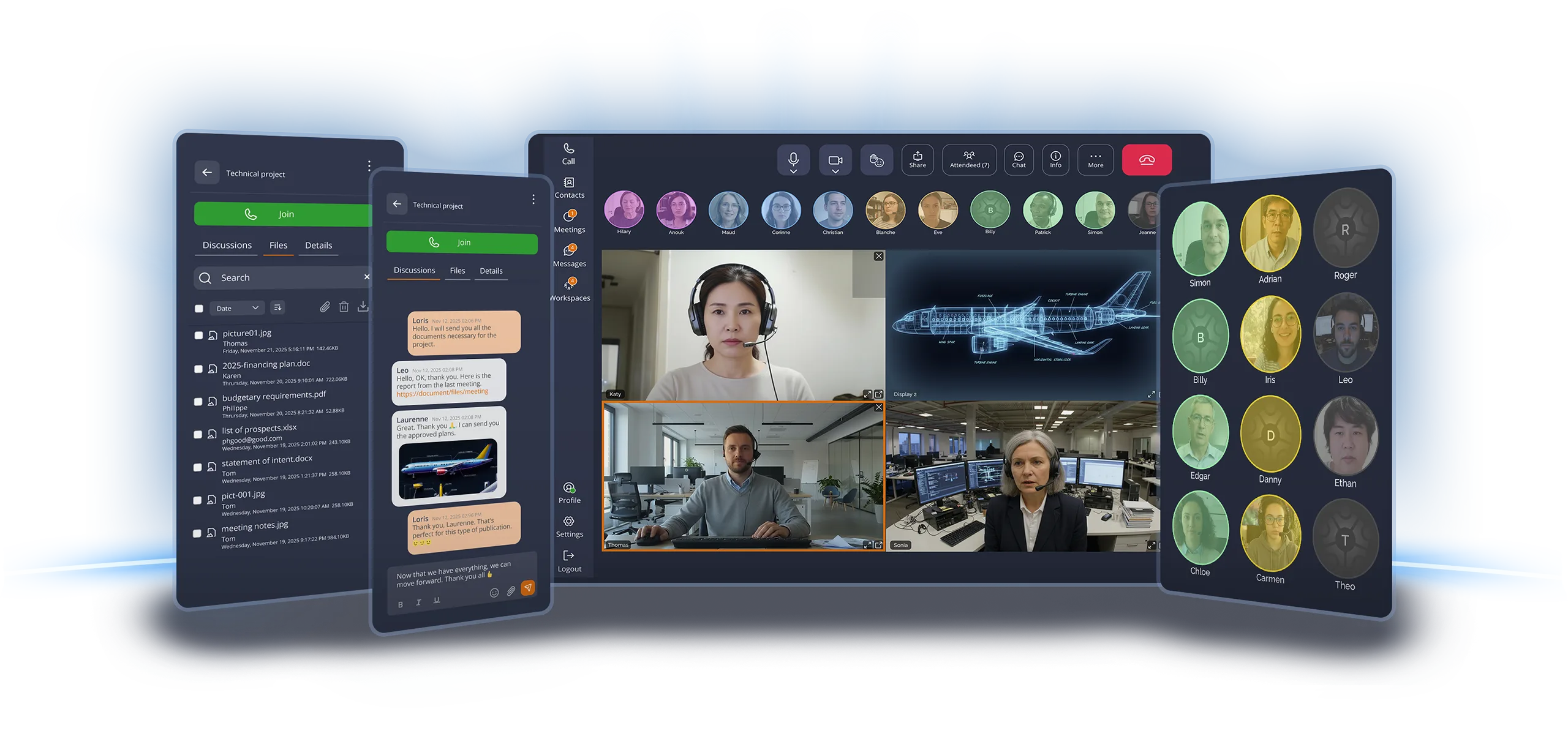Interface Tixeo Workspace — messagerie professionnelle, open-space virtuel et gestion de fichiers en équipe