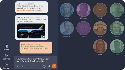 Messagerie instantanée Tixeo Workspace — historique des discussions et avatars d'équipe