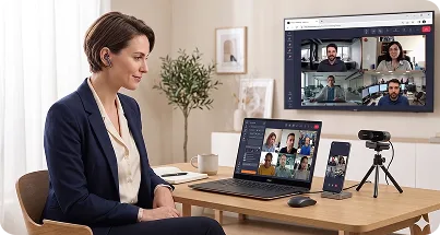 Mujer en videoconferencia Tixeo desde su escritorio — acceso Web y gestión de derechos