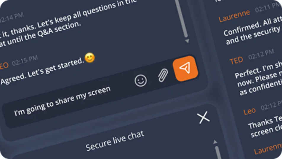 Chat efímero en reunión Tixeo — interfaz de chat seguro en tiempo real